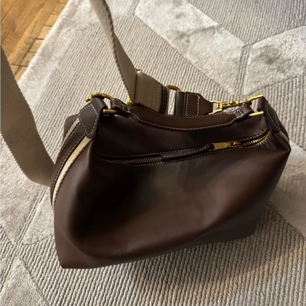 Elegant Brown Leather Handbag - Zara side stripe bag , cross body or clutch - Picture 9 of 14